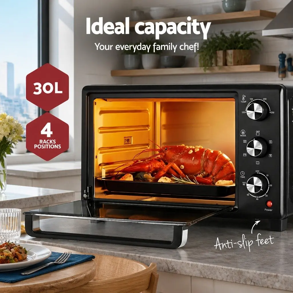 Convection Oven Electric Fryer 30L Black Kitchen Bake Grill Roast 1600W Compact