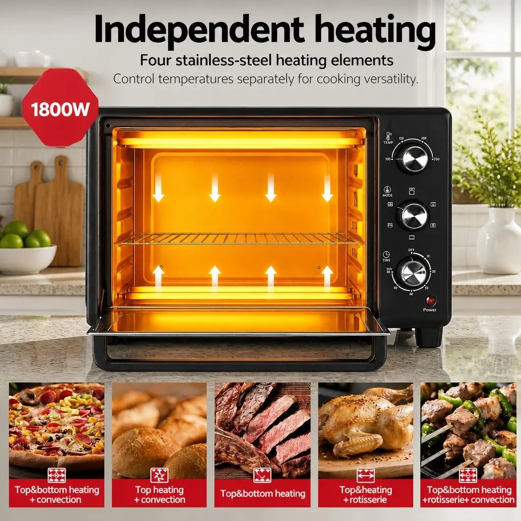 Convection Oven Electric Fryer 30L Black Kitchen Bake Grill Roast 1600W Compact