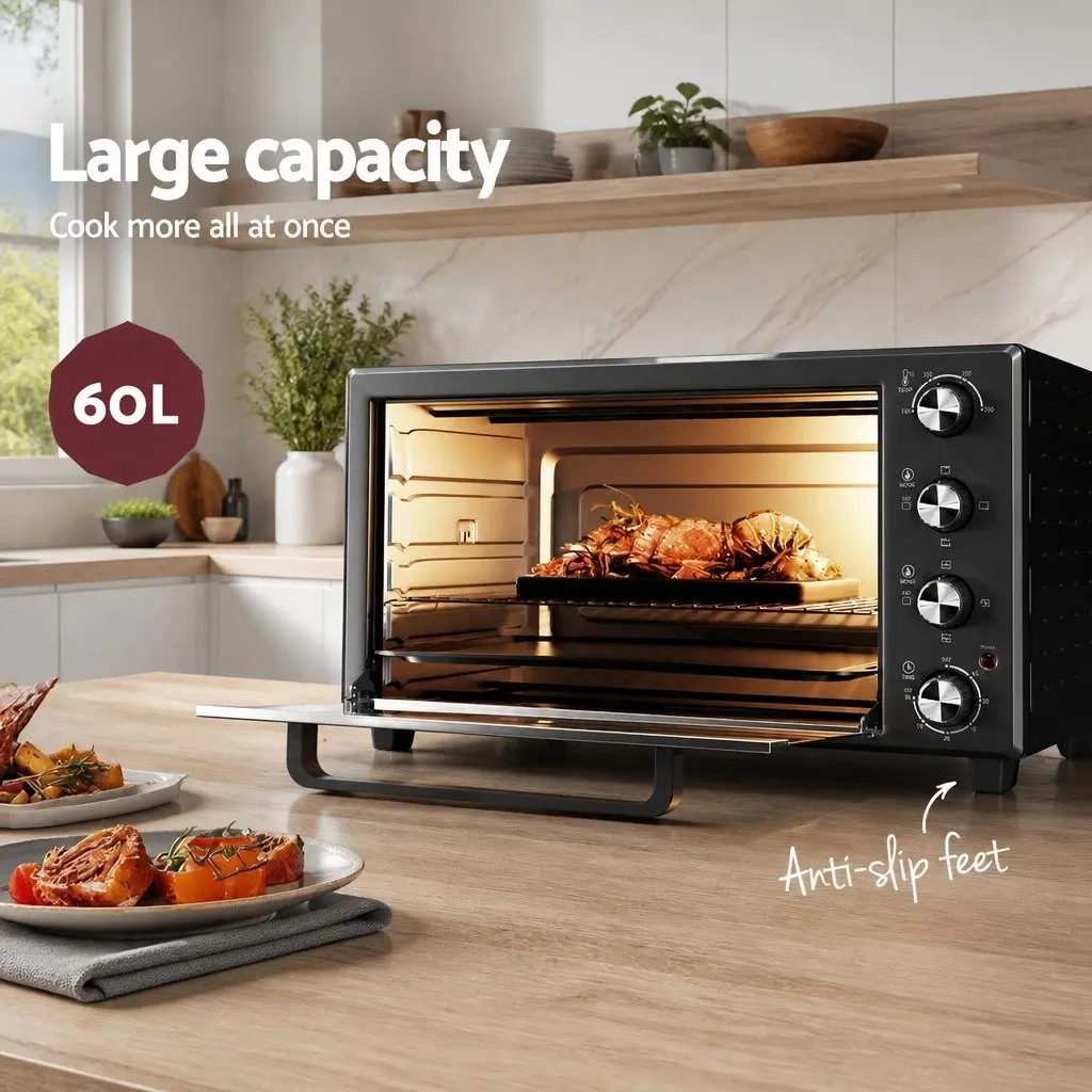 60L Convection Oven Electric Fryer Kitchen Baking Roasting Grilling Black Silver