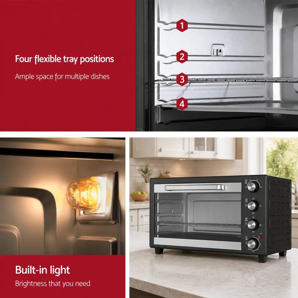 60L Convection Oven Electric Fryer Kitchen Baking Roasting Grilling Black Silver