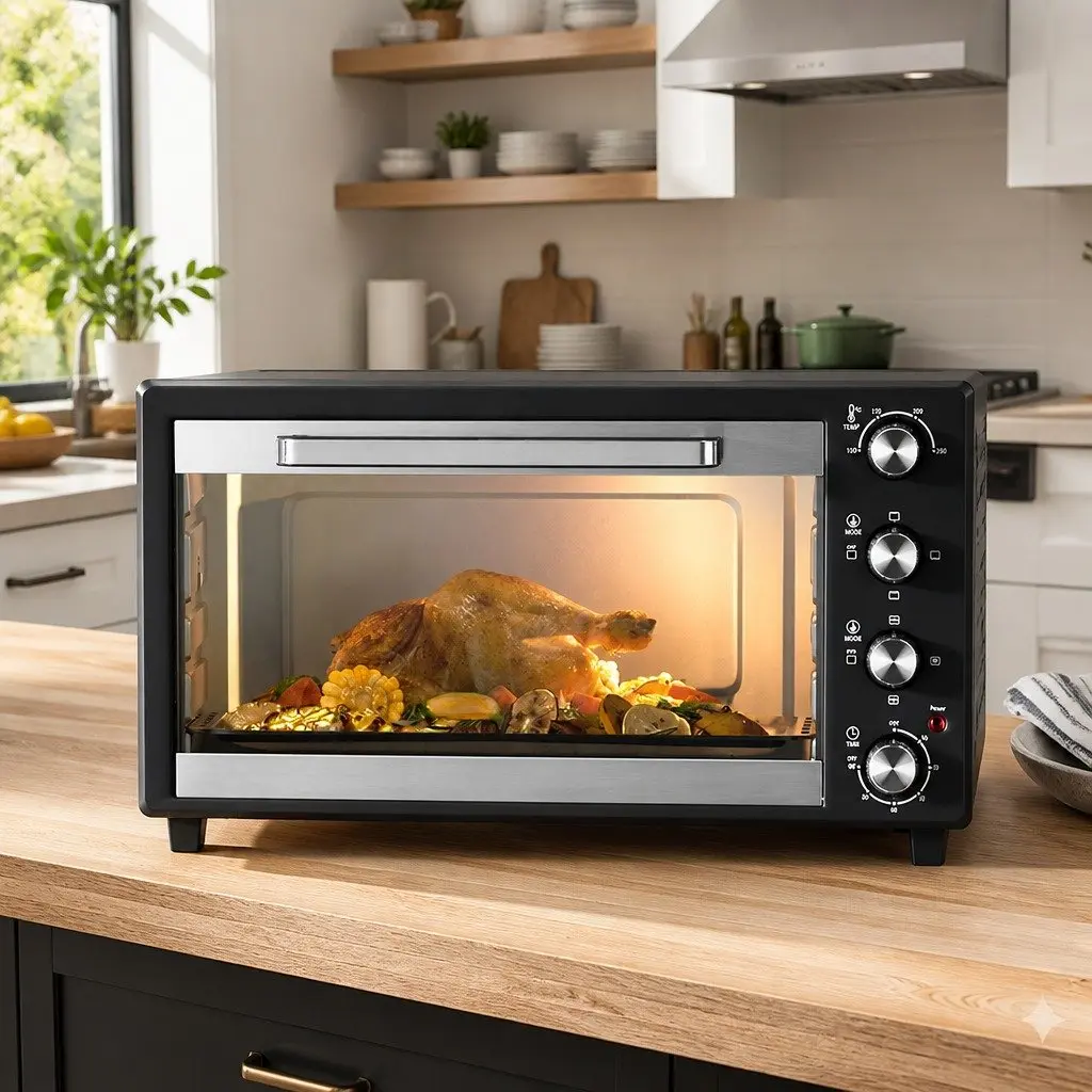 60L Convection Oven Electric Fryer Kitchen Baking Roasting Grilling Black Silver