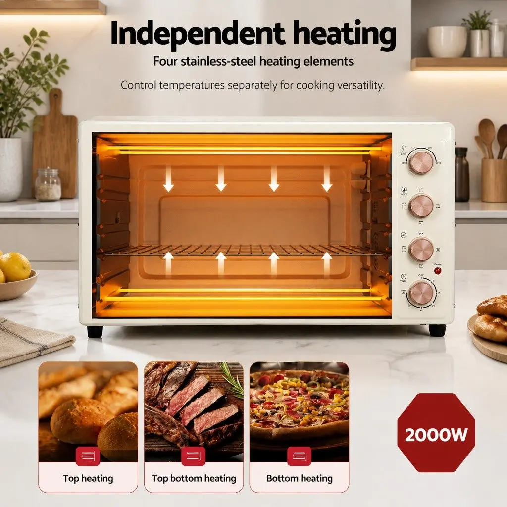 Convection Oven 60L Electric Portable Bake Grill Roast Cream Gold