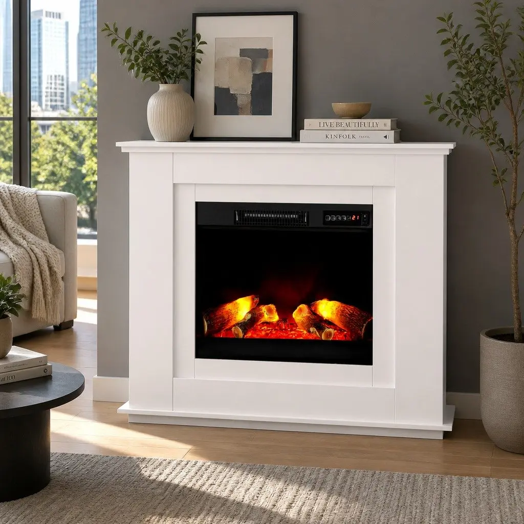Electric Fireplace Heater 2000W Mantel White Flame Effect Remote Control