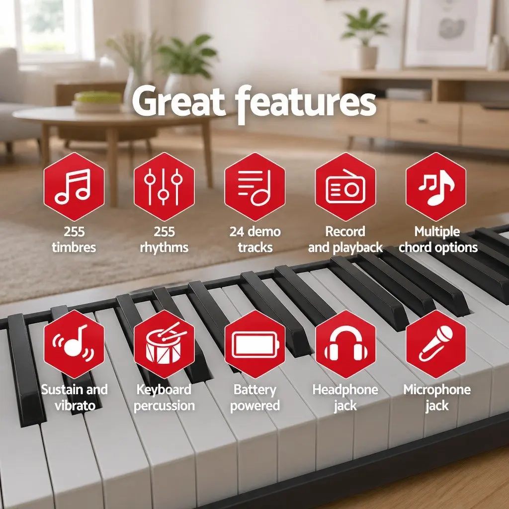 61-Key Digital Piano Keyboard Portable Music Instrument with Adjustable Stand Silver