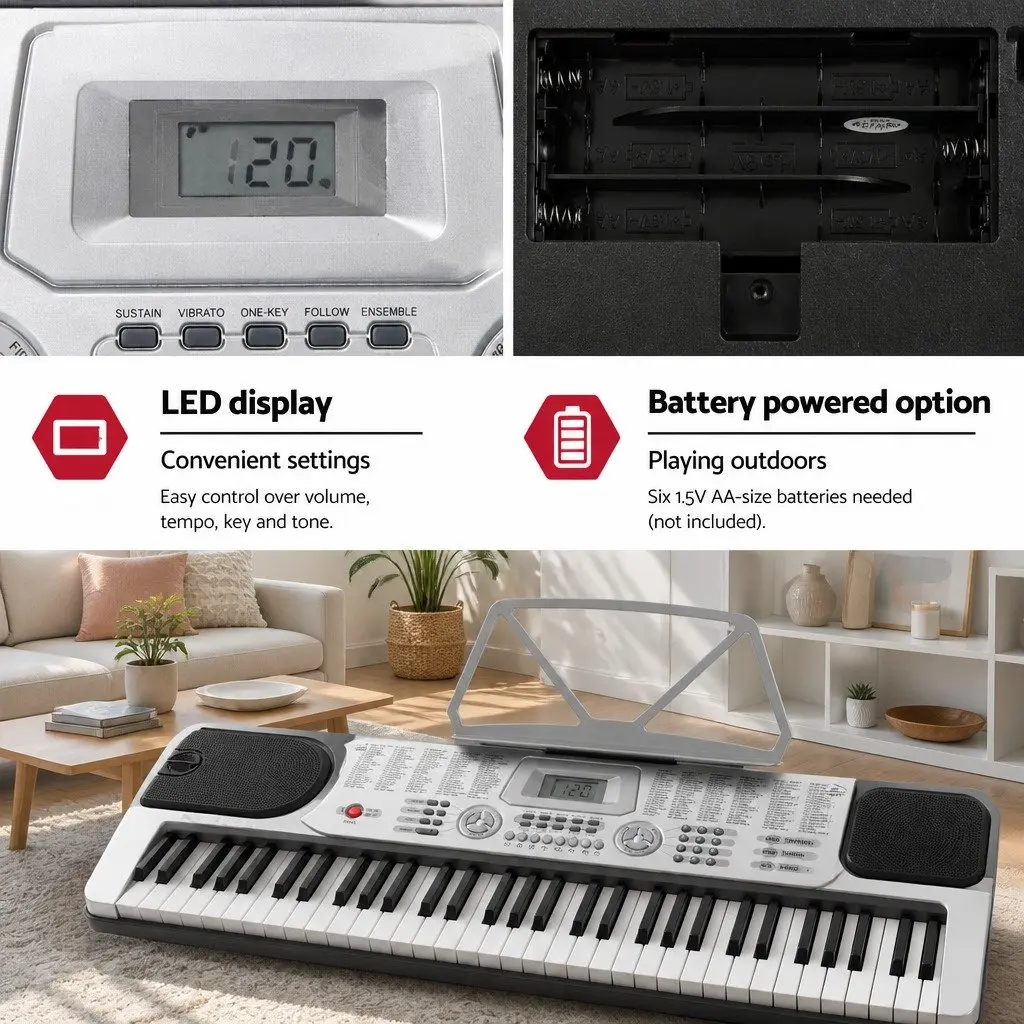 61-Key Digital Piano Keyboard Portable Music Instrument with Adjustable Stand Silver