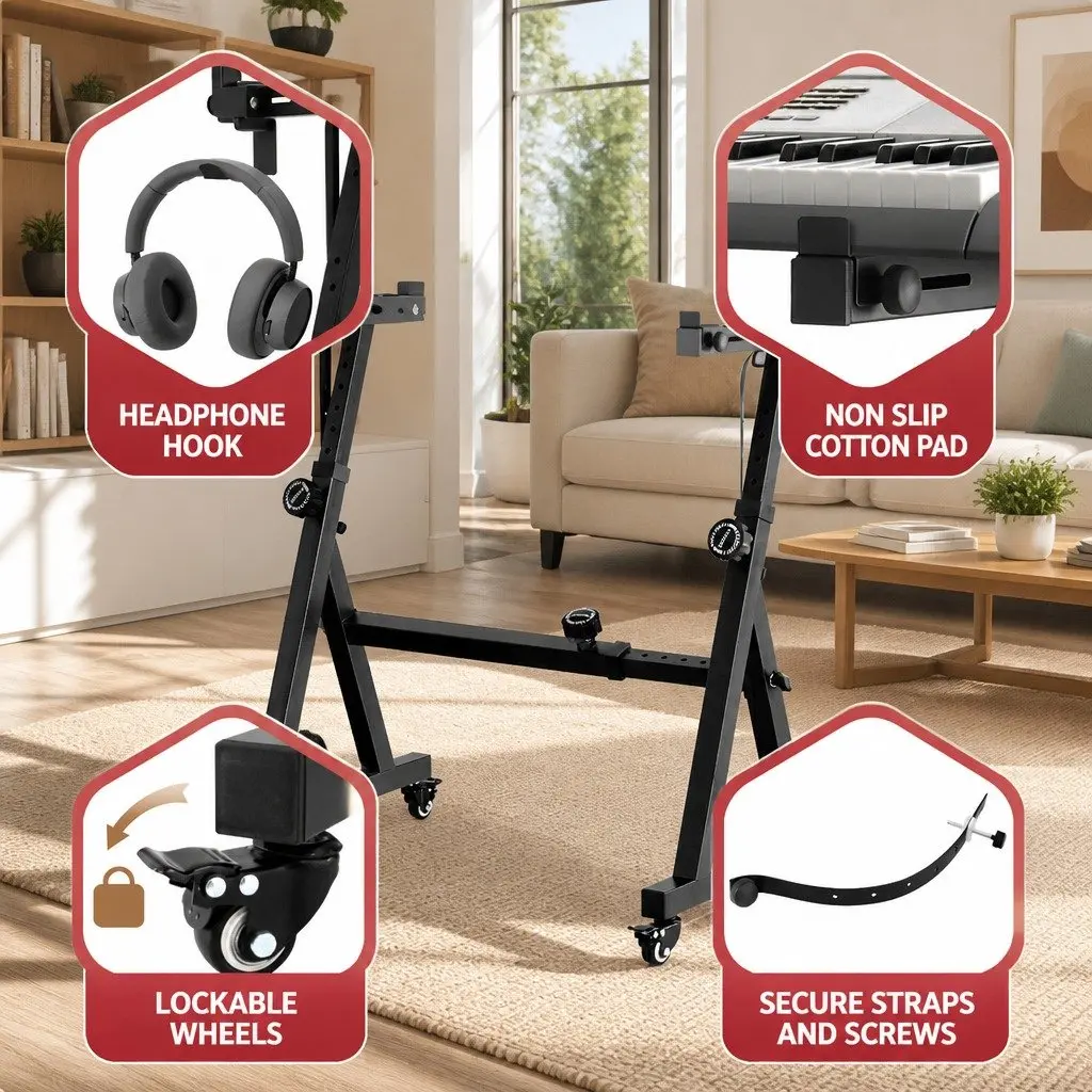Heavy Duty Adjustable Piano Stand Z-Frame Lockable Wheels Black