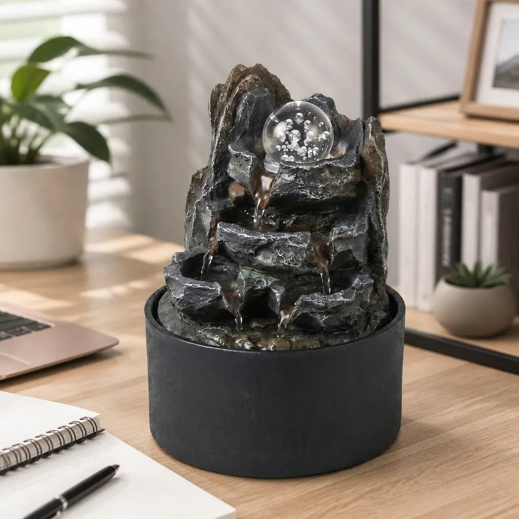 Tabletop Water Fountain Resin Indoor Water Feature 3 Flow Levels Office Desk