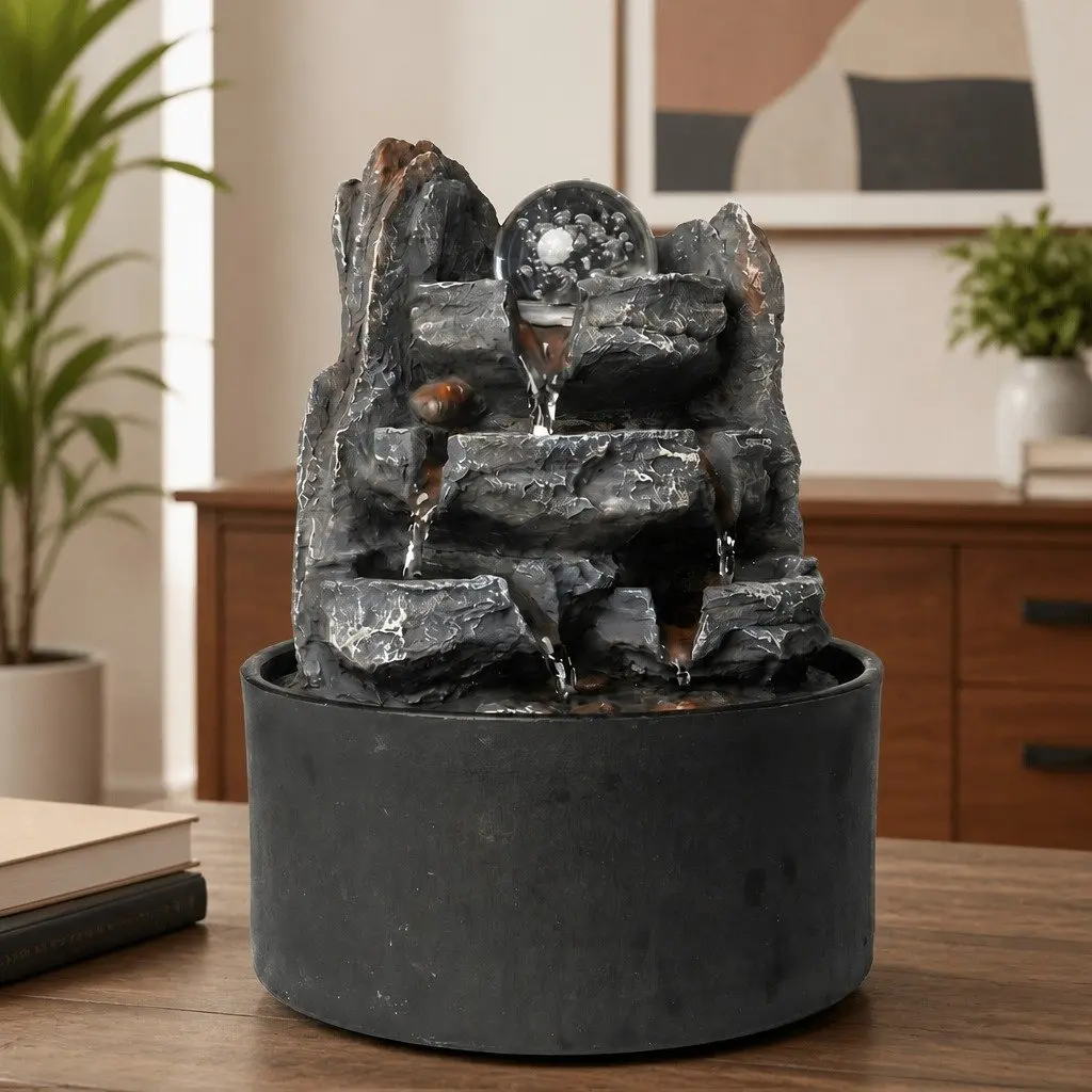 Tabletop Water Fountain Resin Indoor Water Feature 3 Flow Levels Office Desk