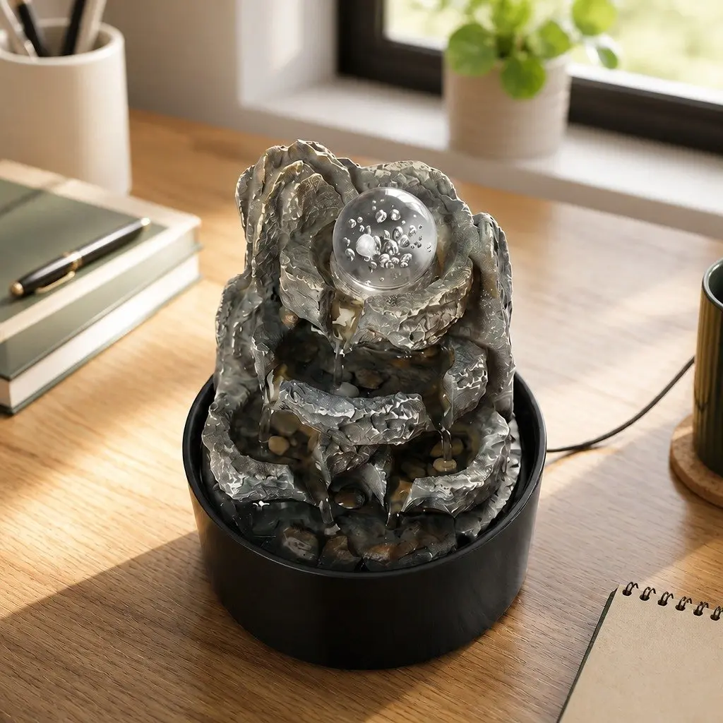 Tabletop Water Fountain Resin Indoor Water Feature 3 Flow Levels Office Desk