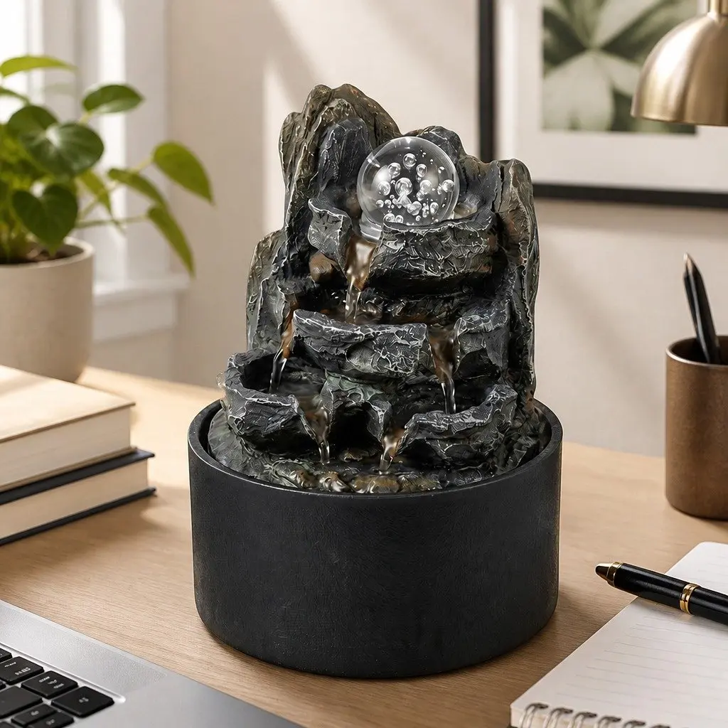 Tabletop Water Fountain Resin Indoor Water Feature 3 Flow Levels Office Desk