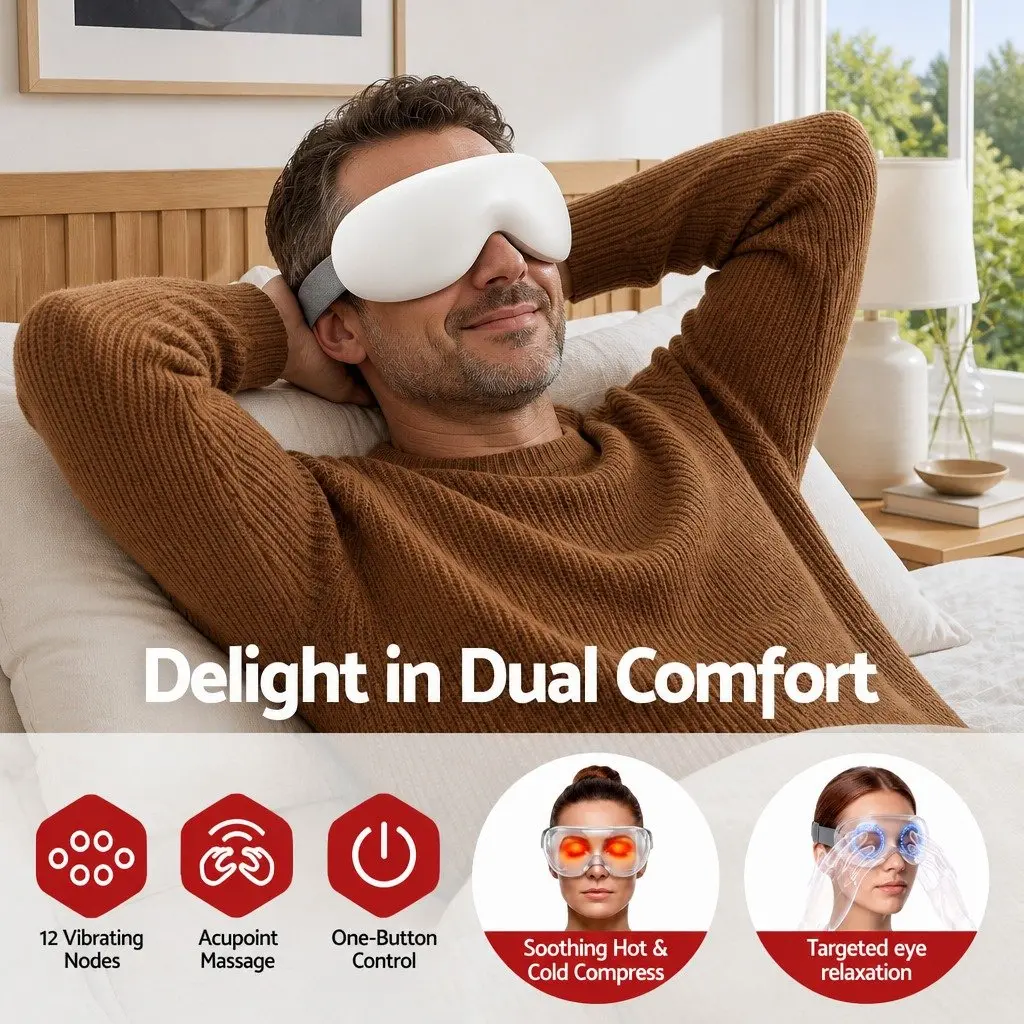Dual Hot and Cold Compress Eye Massager 12 Vibrating Nodes White