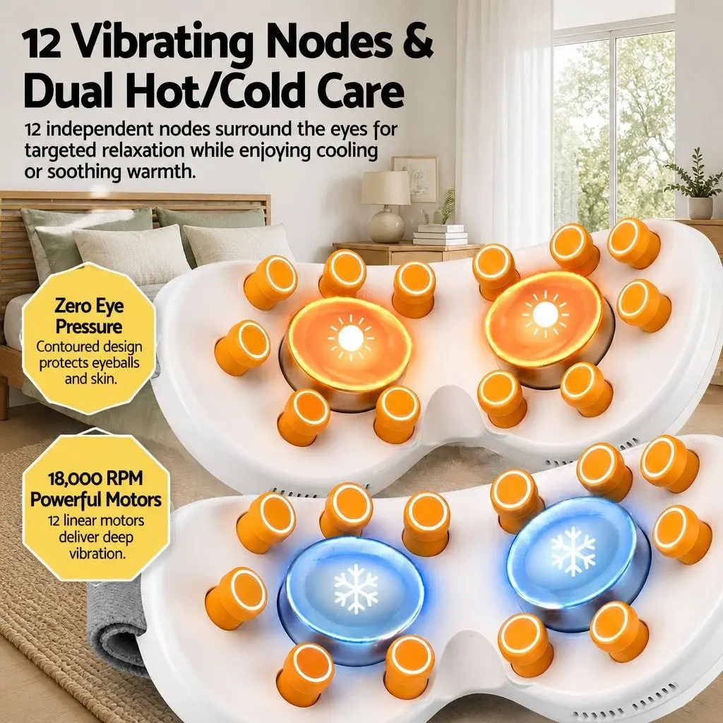 Dual Hot and Cold Compress Eye Massager 12 Vibrating Nodes White