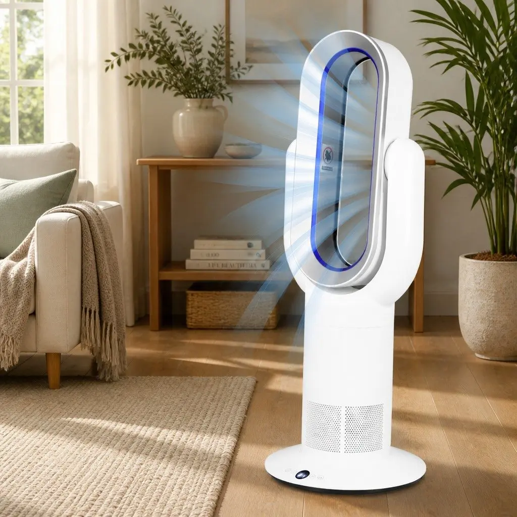 Bladeless Electric Fan Tower Cooler Heater 35W Quiet Operation White Silver Blue