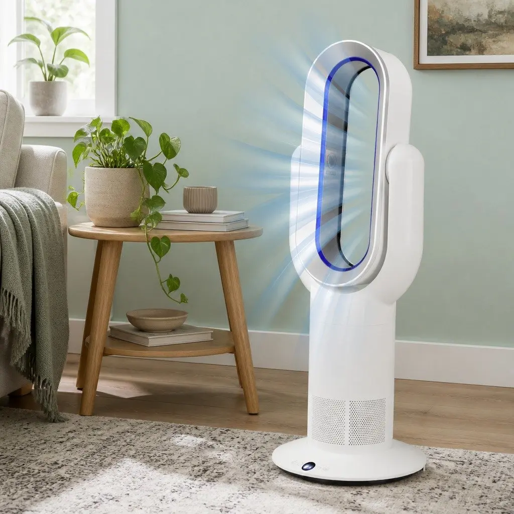 Bladeless Electric Fan Tower Cooler Heater 35W Quiet Operation White Silver Blue