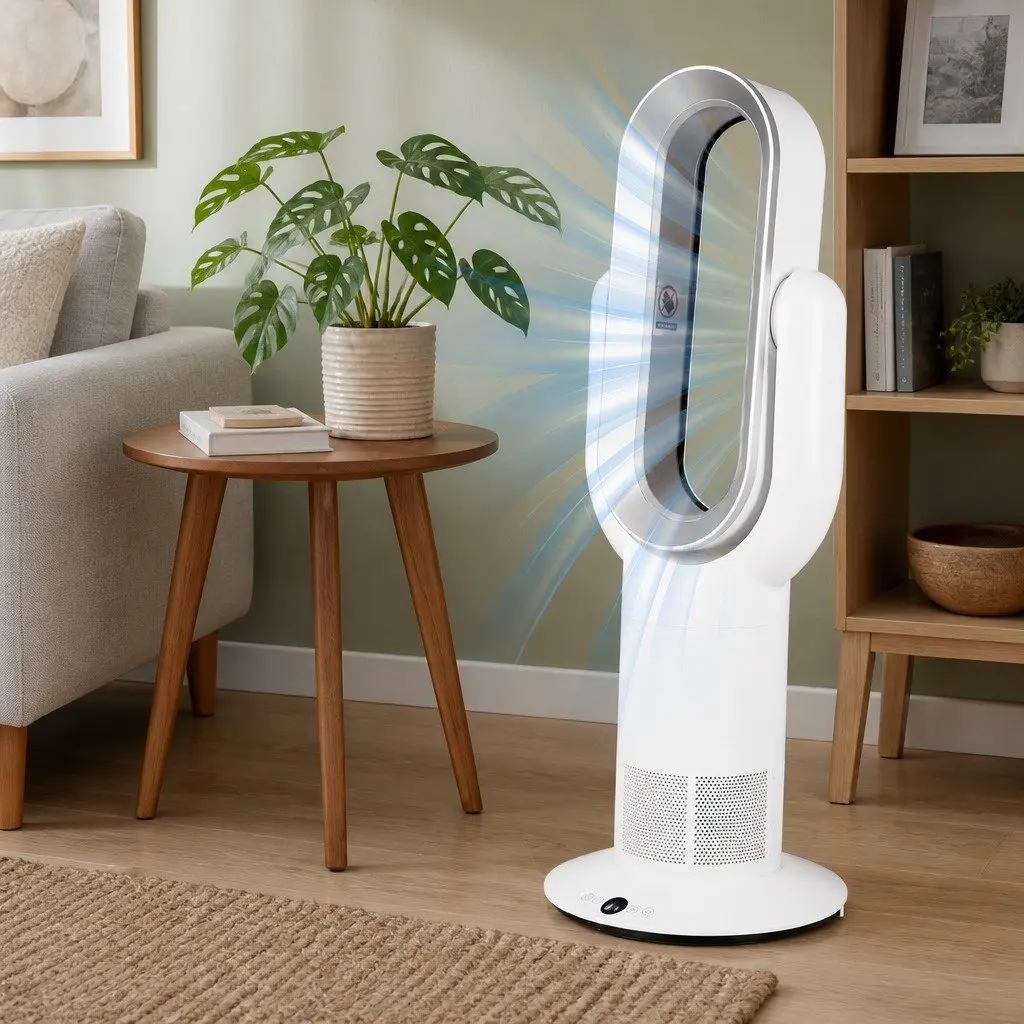 Bladeless Tower Fan Electric Cooler Remote Control 35W Portable Home Office White Silver
