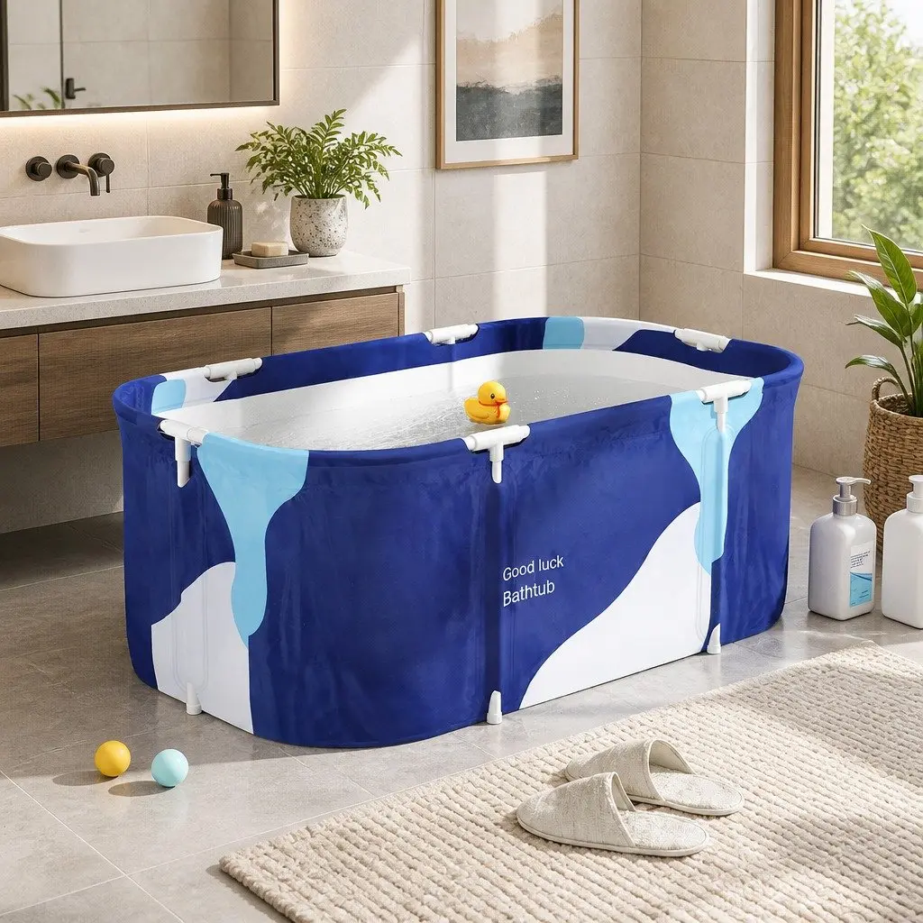 Foldable Bathtub PVC Spa Bucket Inflatable Cushion 114x62cm Navy Blue