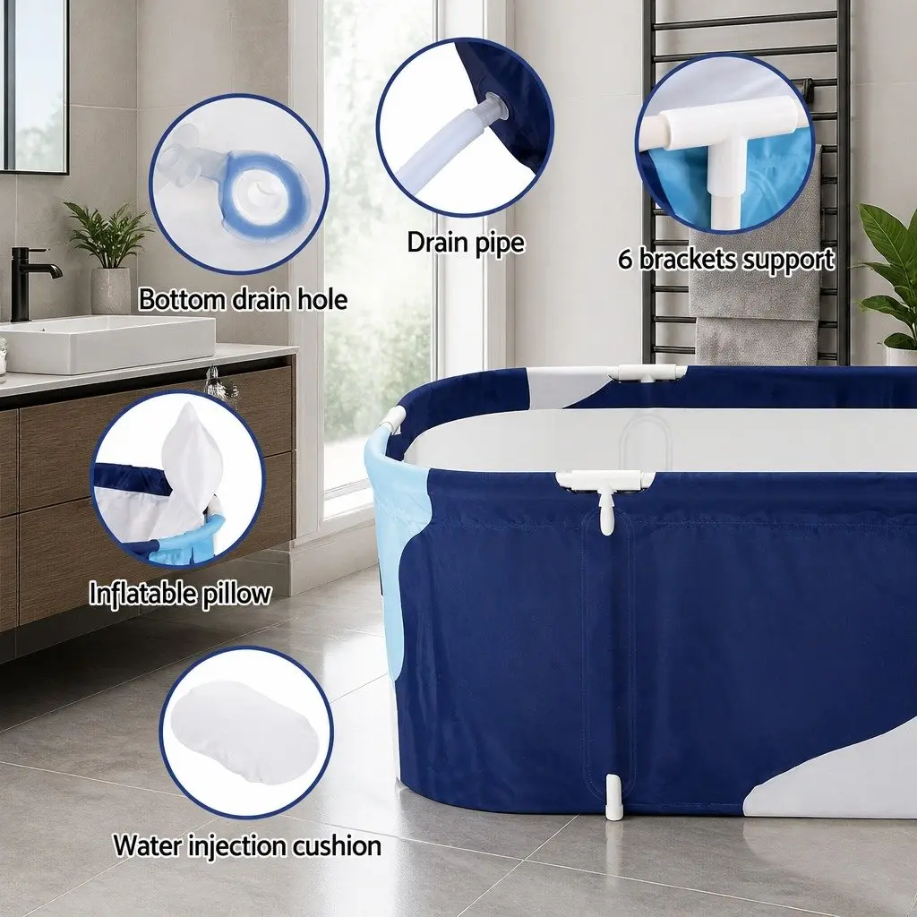 Foldable Bathtub Portable Inflatable Spa Navy Blue Indoor Outdoor 134 x 65 x 46.5 cm