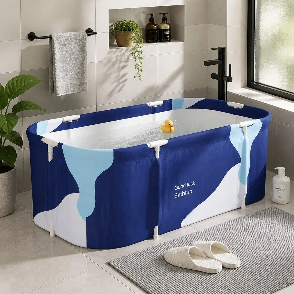 Foldable Bathtub Portable Inflatable Spa Navy Blue Indoor Outdoor 134 x 65 x 46.5 cm