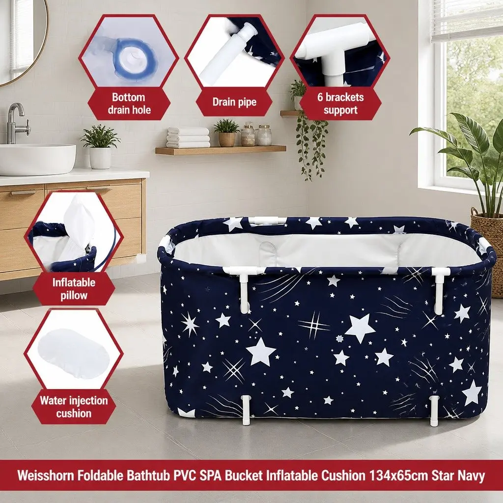 Foldable Bathtub Navy Blue Inflatable Spa Bucket 134x65cm Indoor Outdoor