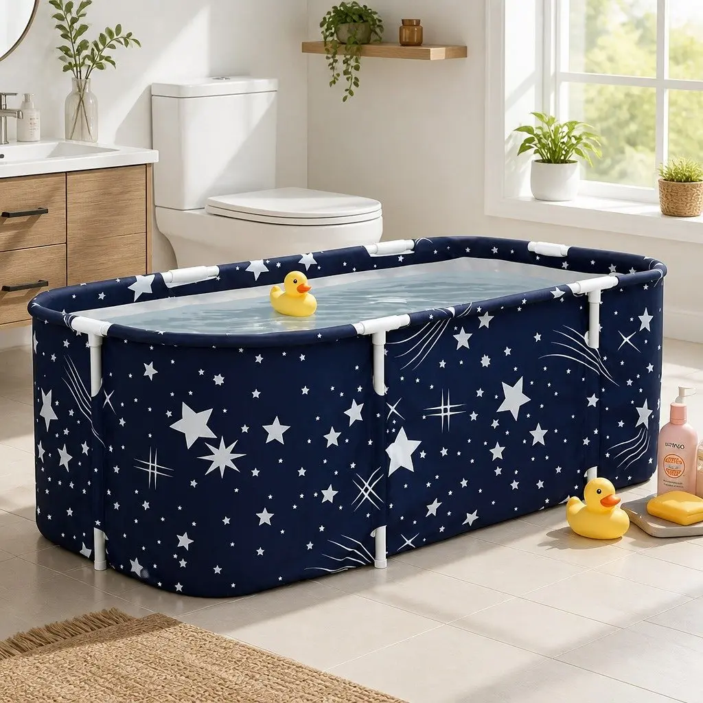 Foldable Bathtub Navy Blue Inflatable Spa Bucket 134x65cm Indoor Outdoor