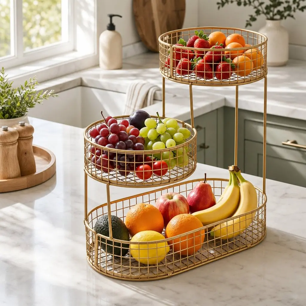 3-Tier Fruit Basket Bowl Gold Metal Food Storage Kitchen Organiser Space-Saving