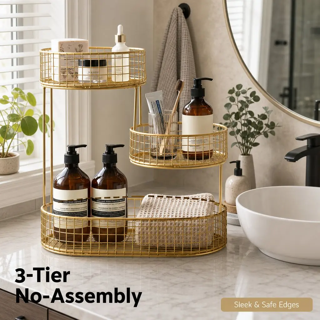 3-Tier Fruit Basket Bowl Gold Metal Food Storage Kitchen Organiser Space-Saving