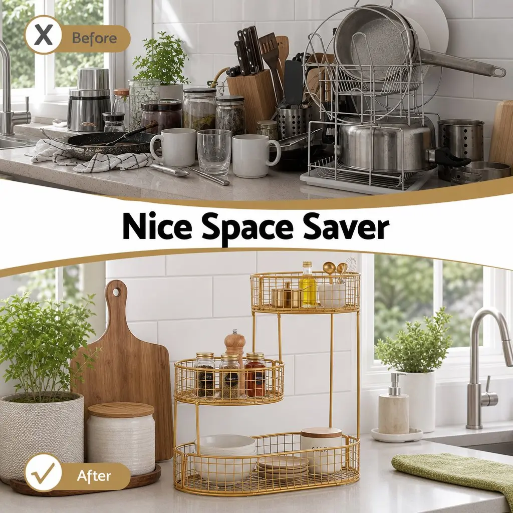 3-Tier Fruit Basket Bowl Gold Metal Food Storage Kitchen Organiser Space-Saving