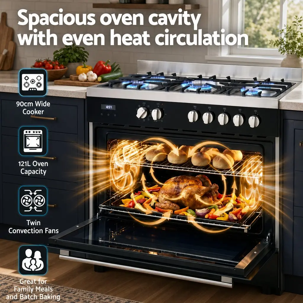 90cm Freestanding Cooker Gas Cooktop Electric Oven 121L Black