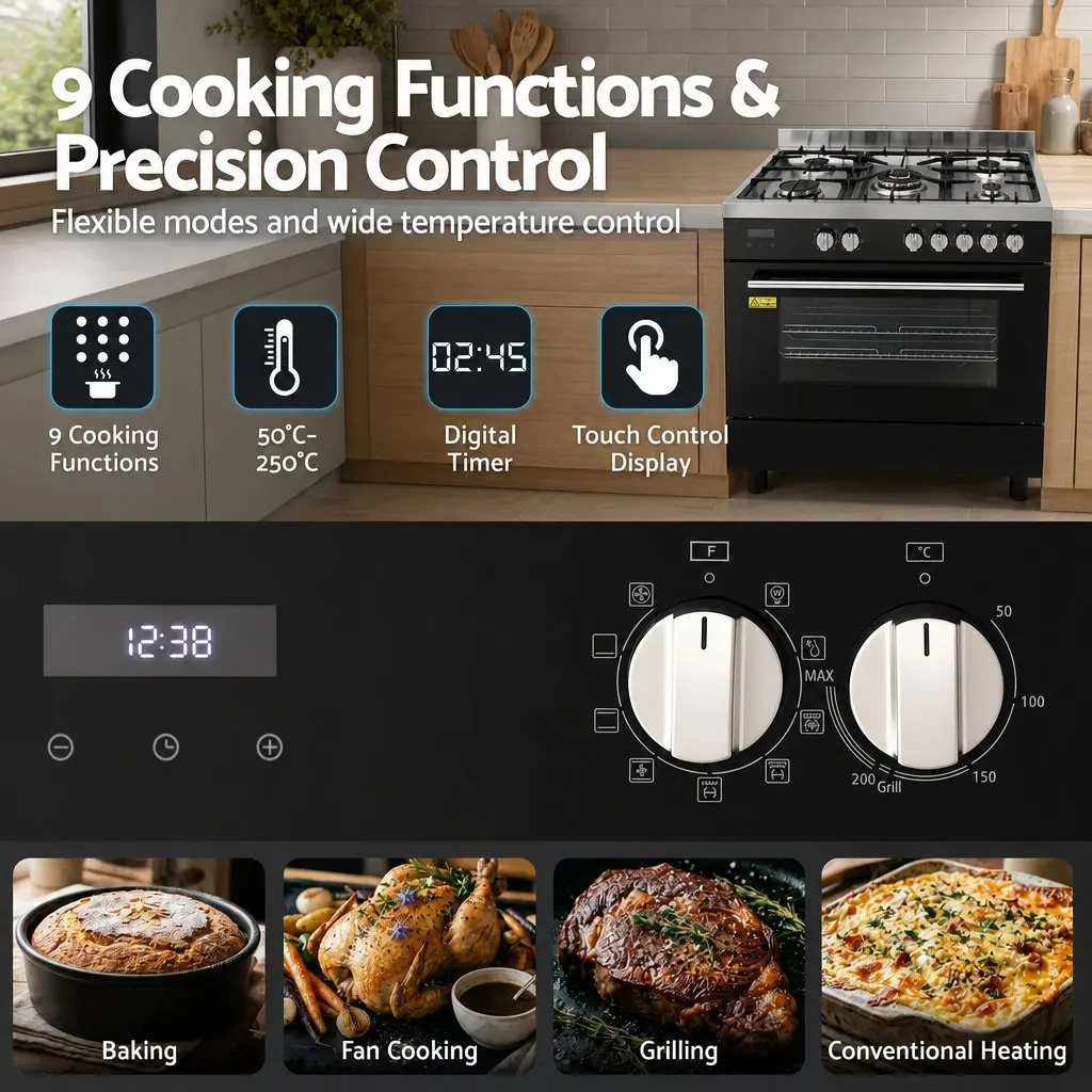90cm Freestanding Cooker Gas Cooktop Electric Oven 121L Black