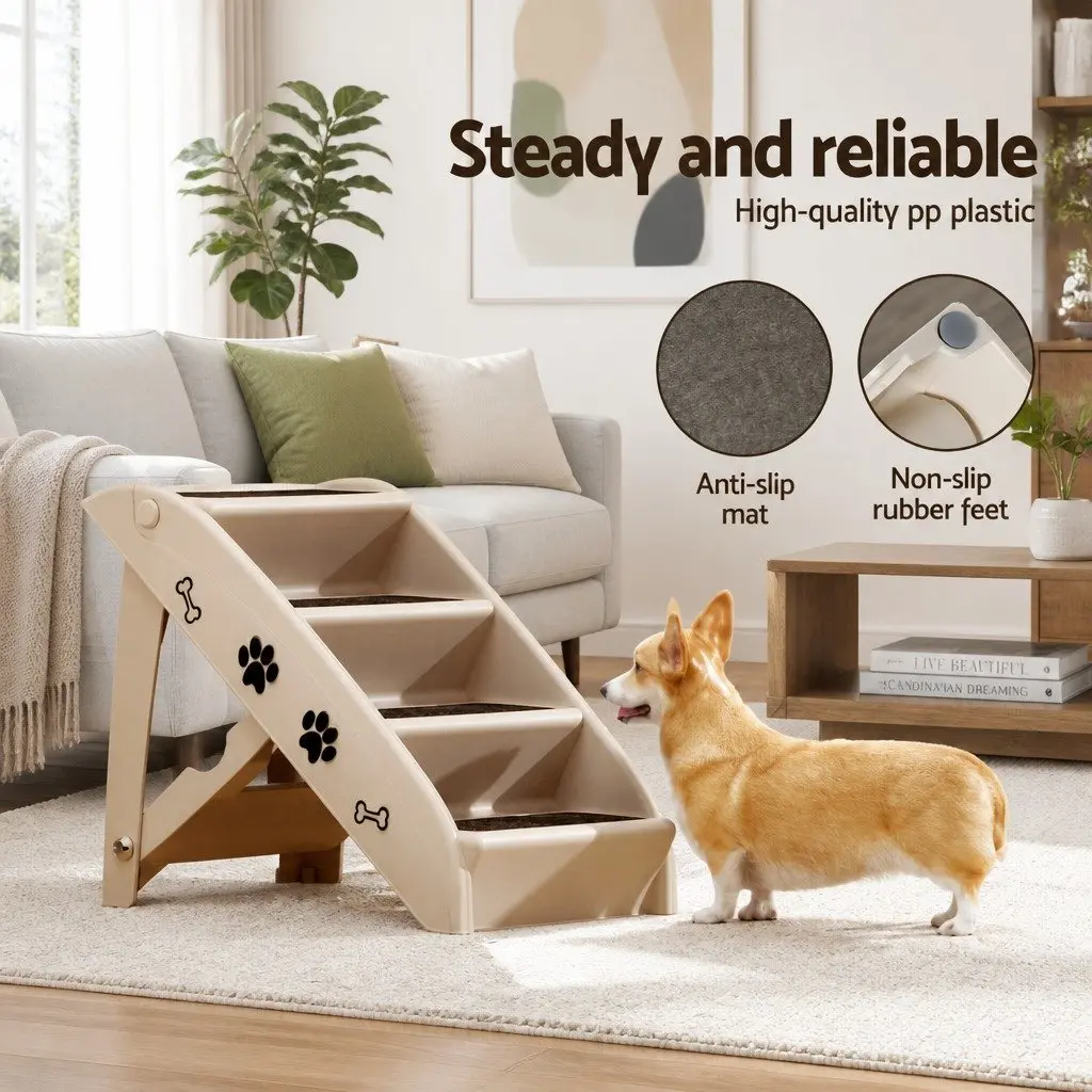 Dog Ramp Steps Stairs Portable Foldable Access for Pets 62cm x 40cm x 49cm Beige