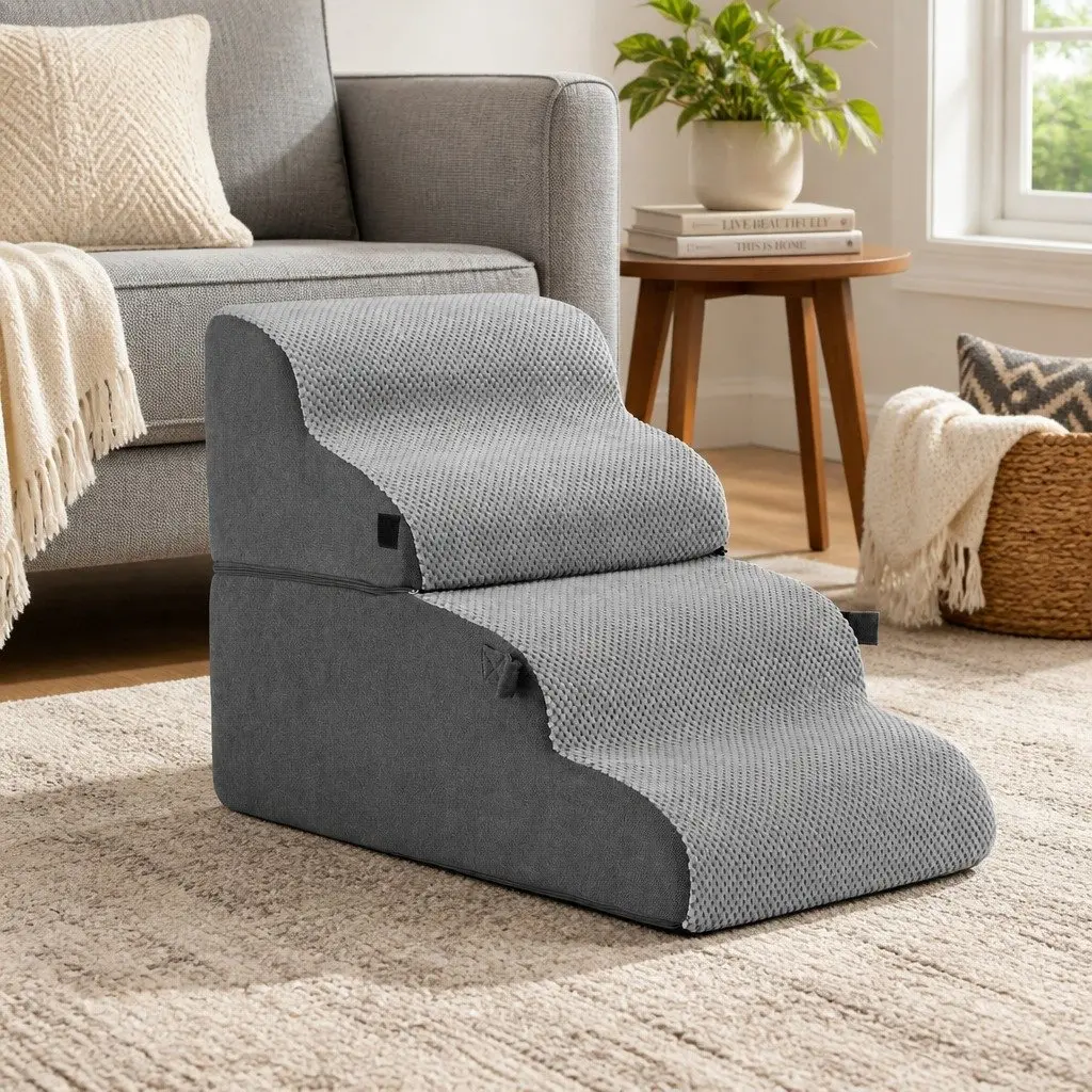 Dog Steps and Ramp 2-in-1 Foam Pet Stairs 40cm x 71cm x 50cm Non-Slip Washable Grey