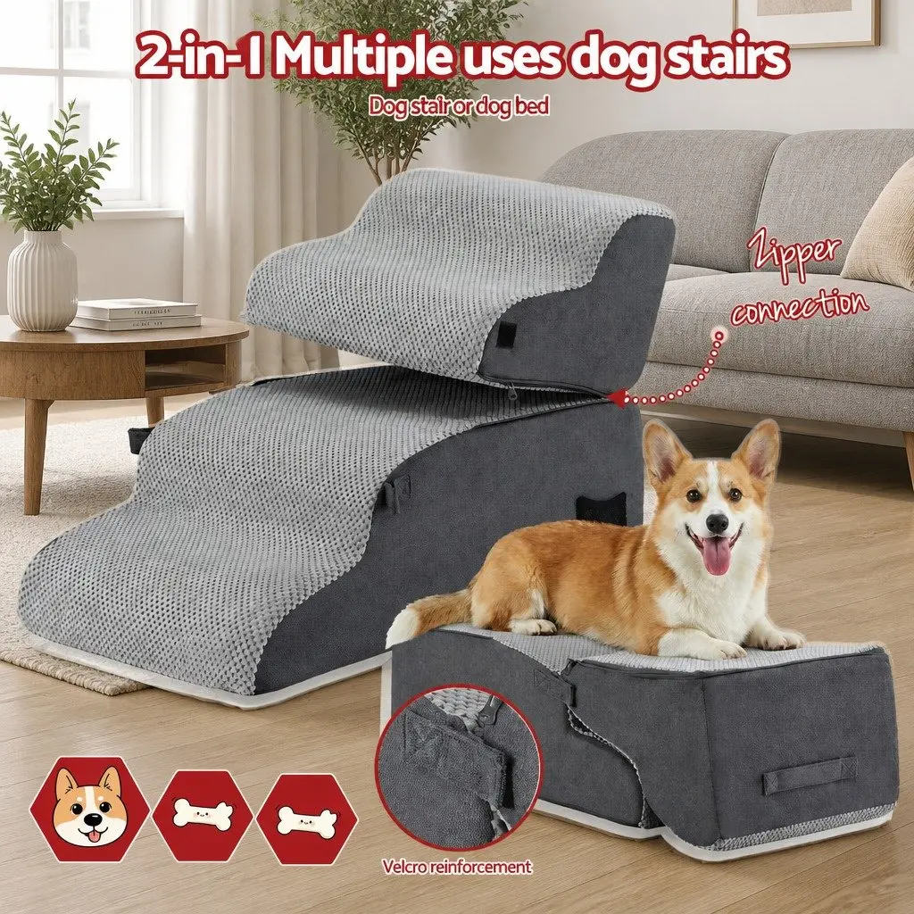 Dog Steps and Ramp 2-in-1 Foam Pet Stairs 40cm x 71cm x 50cm Non-Slip Washable Grey