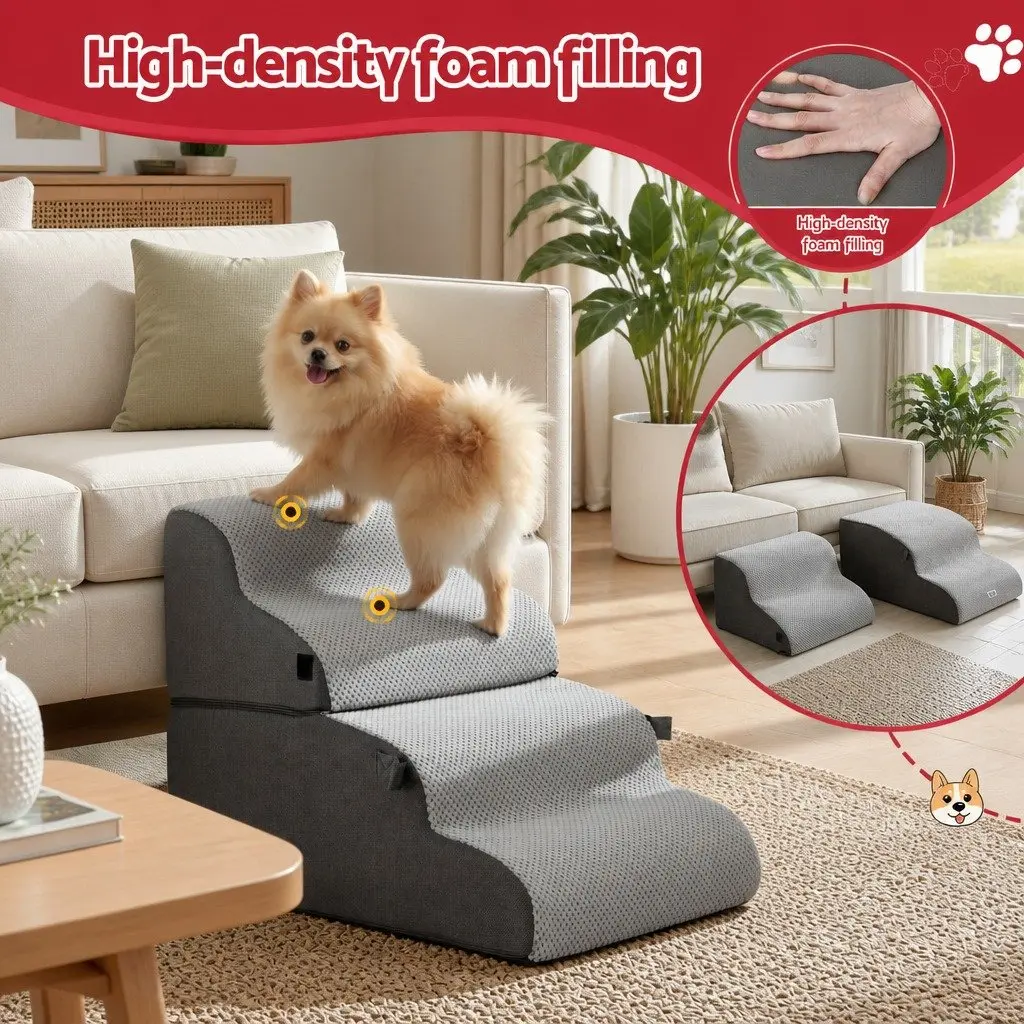 Dog Steps and Ramp 2-in-1 Foam Pet Stairs 40cm x 71cm x 50cm Non-Slip Washable Grey