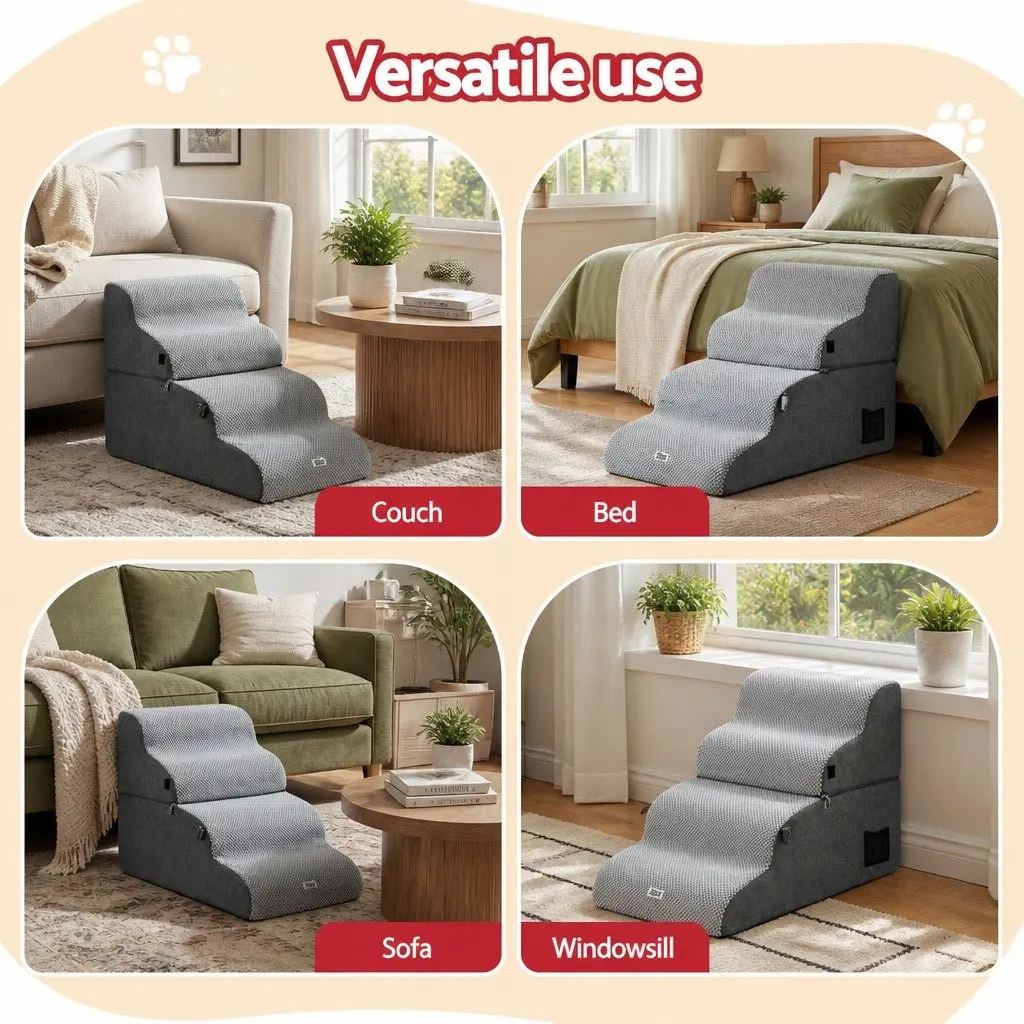 Dog Steps and Ramp 2-in-1 Foam Pet Stairs 40cm x 71cm x 50cm Non-Slip Washable Grey