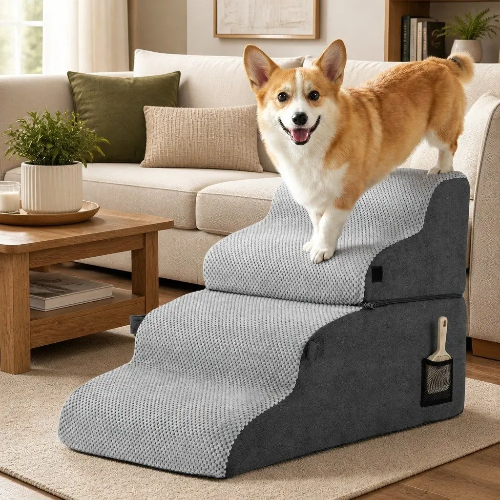 Dog Steps and Ramp 2-in-1 Foam Pet Stairs 40cm x 71cm x 50cm Non-Slip Washable Grey