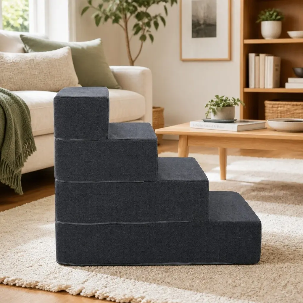 Dog Ramp Pet Stairs 4 Steps Foam Portable Non-Slip Dark Grey