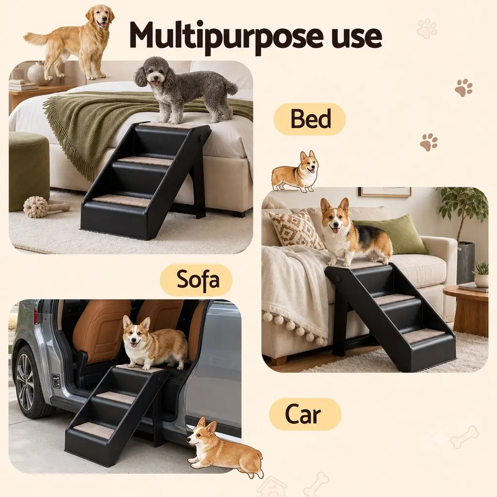 Dog Ramp Portable Pet Stairs 3 Steps Foldable Ladder for Bed Sofa Car Black