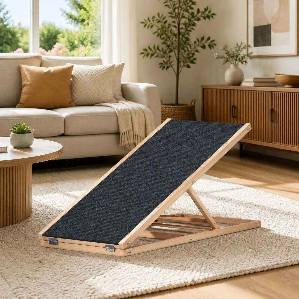 Dog Ramp Steps Adjustable Height 100cm Wooden Foldable Pet Stairs for Bed Sofa Car Natural Grey