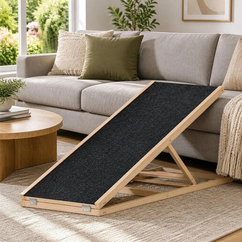 Dog Ramp Steps Adjustable Height 100cm Wooden Foldable Pet Stairs for Bed Sofa Car Natural Grey