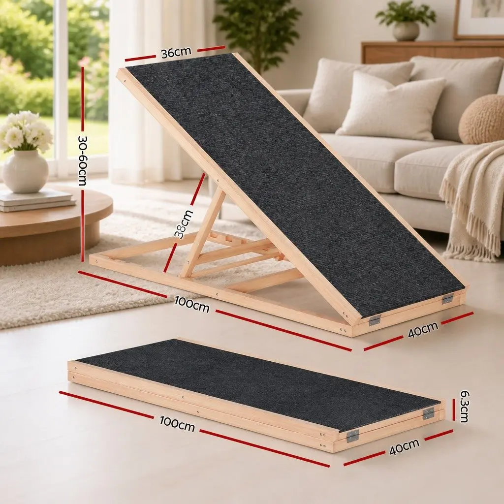 Dog Ramp Steps Adjustable Height 100cm Wooden Foldable Pet Stairs for Bed Sofa Car Natural Grey