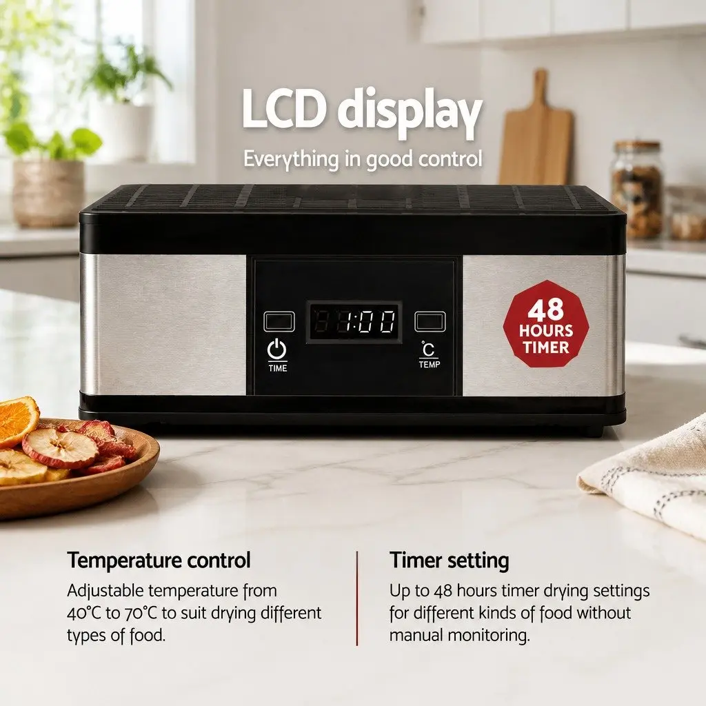 Food Dehydrator 7 Tray Temperature Control LCD Display Silver