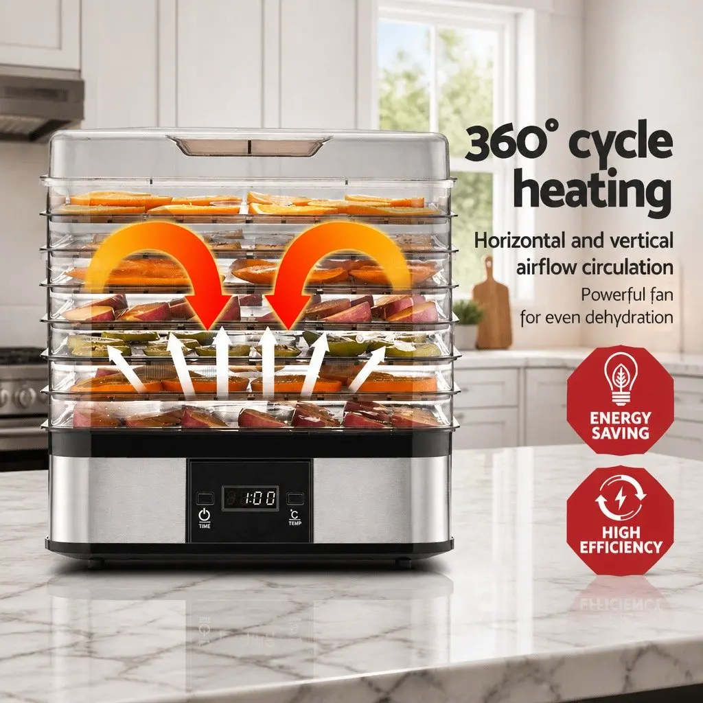 Food Dehydrator 5 Tray Temperature Control LCD Display Silver