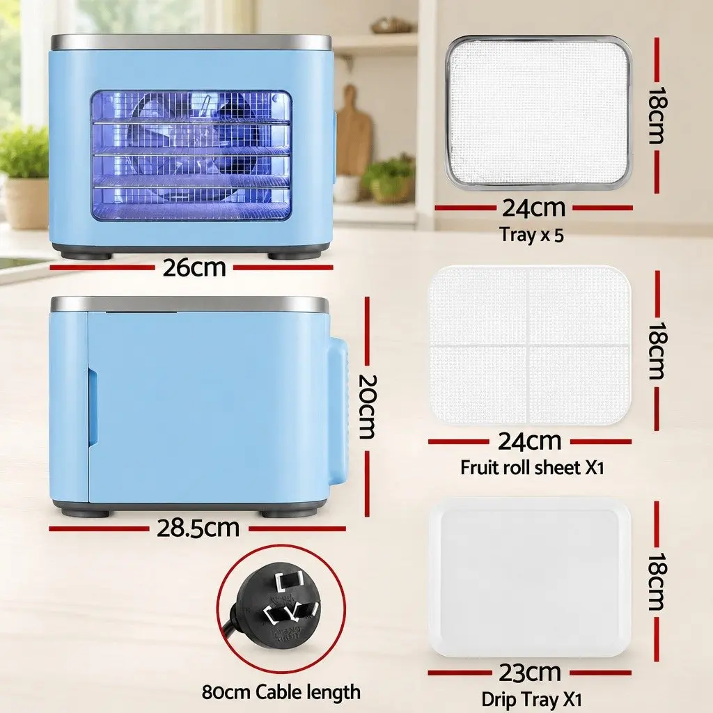 Food Dehydrator Mini Fruit Dryer 5 Trays Blue with LED Touch Control Panel