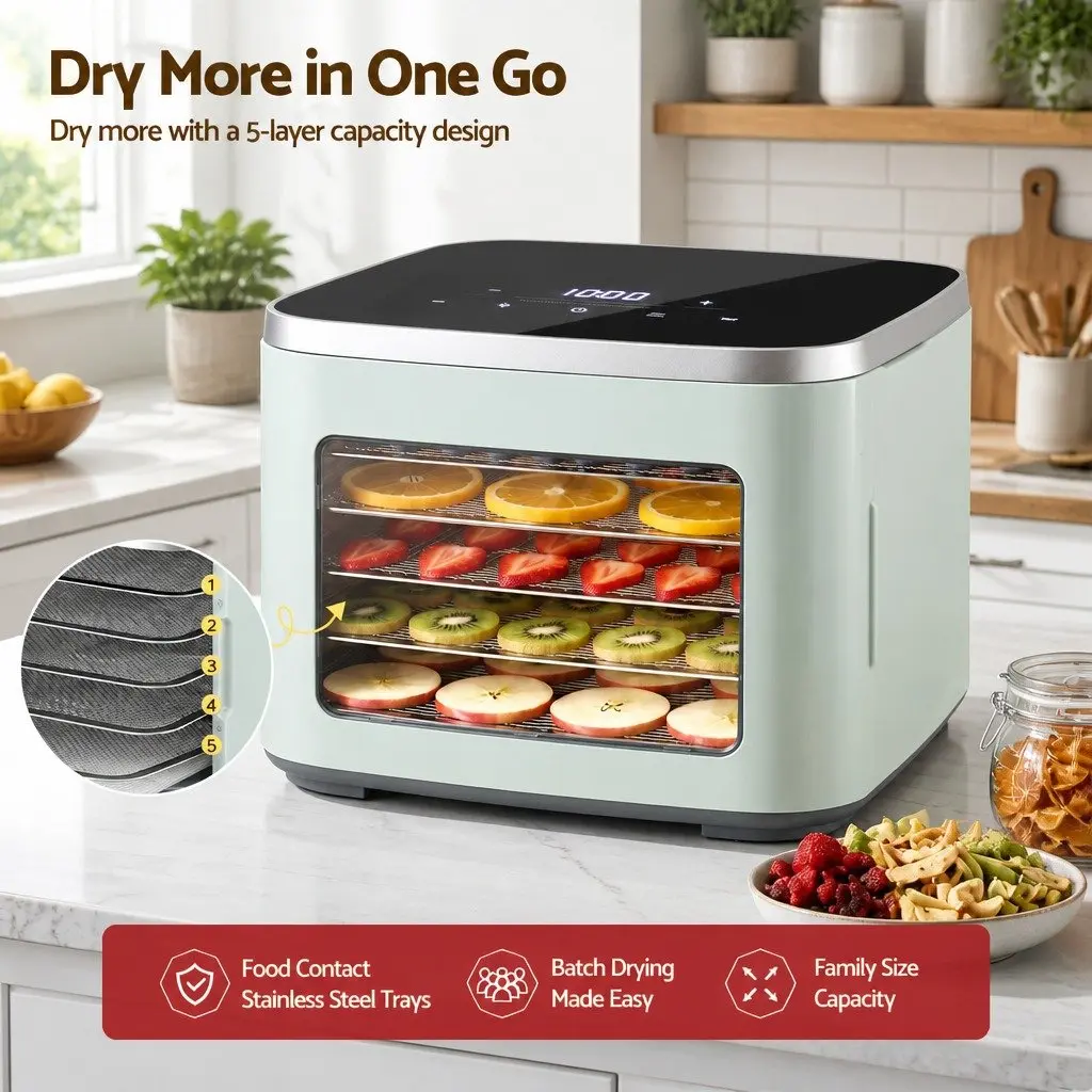 Food Dehydrator Machine 5 Tray Compact Fruit Dryer Green Adjustable Temperature Control