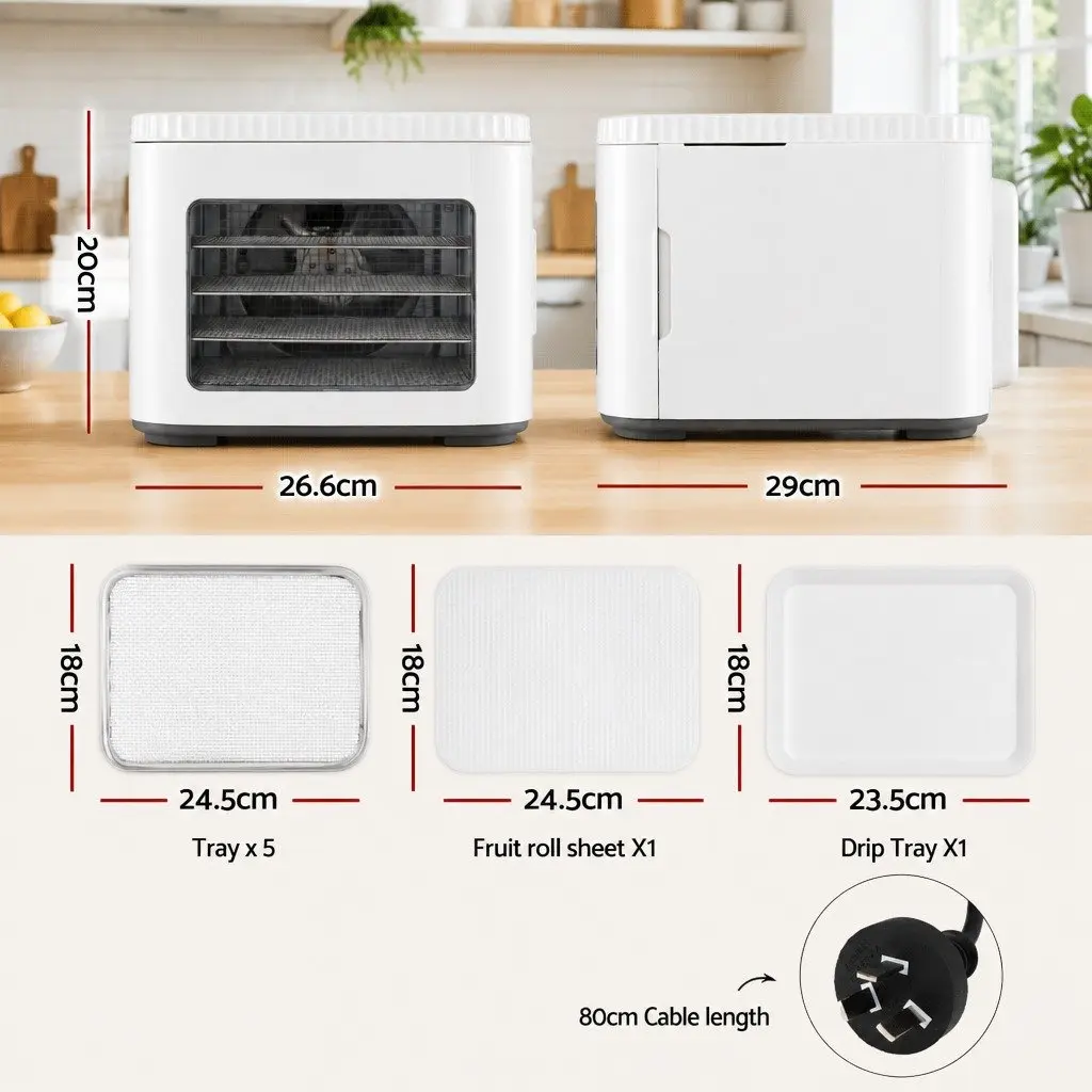 Food Dehydrator Machine Mini Benchtop 5 Tray White for Drying Fruits Jerky Vegetables