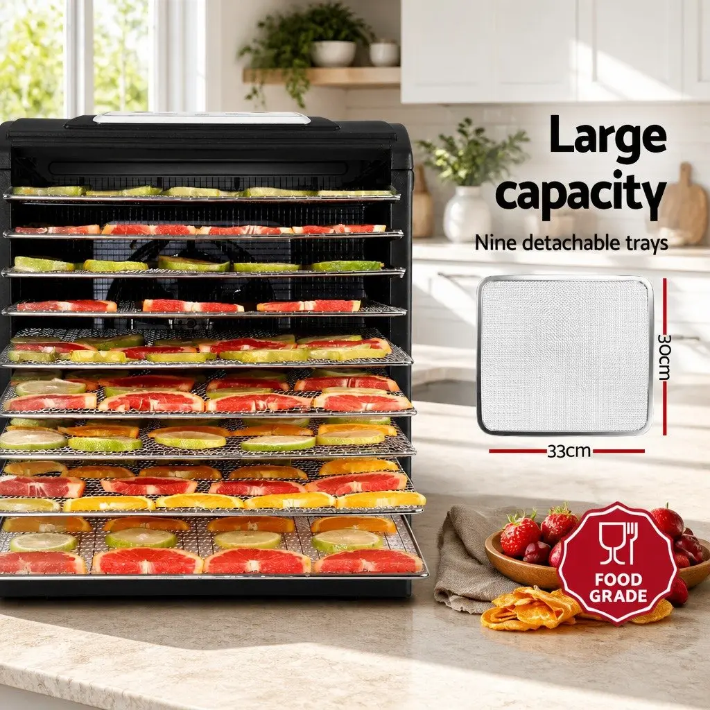 Food Dehydrator 9 Trays Adjustable Temperature Black Stainless Steel for Drying Fruits Vegetables Herbs Meat