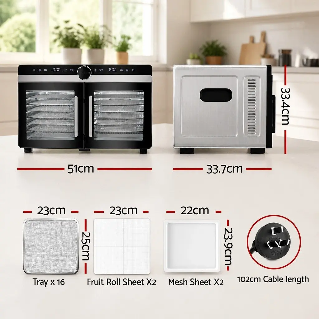 Food Dehydrator Large Capacity Dual-Zone 16 Trays Stainless Steel Silver
