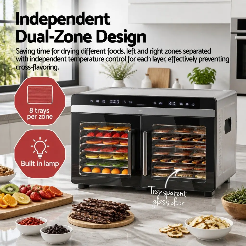 Food Dehydrator Large Capacity Dual-Zone 16 Trays Stainless Steel Silver
