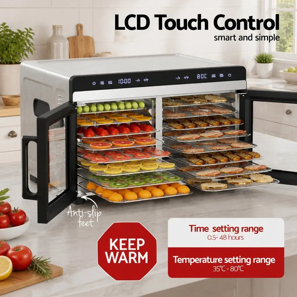 Food Dehydrator Large Capacity Dual-Zone 16 Trays Stainless Steel Silver