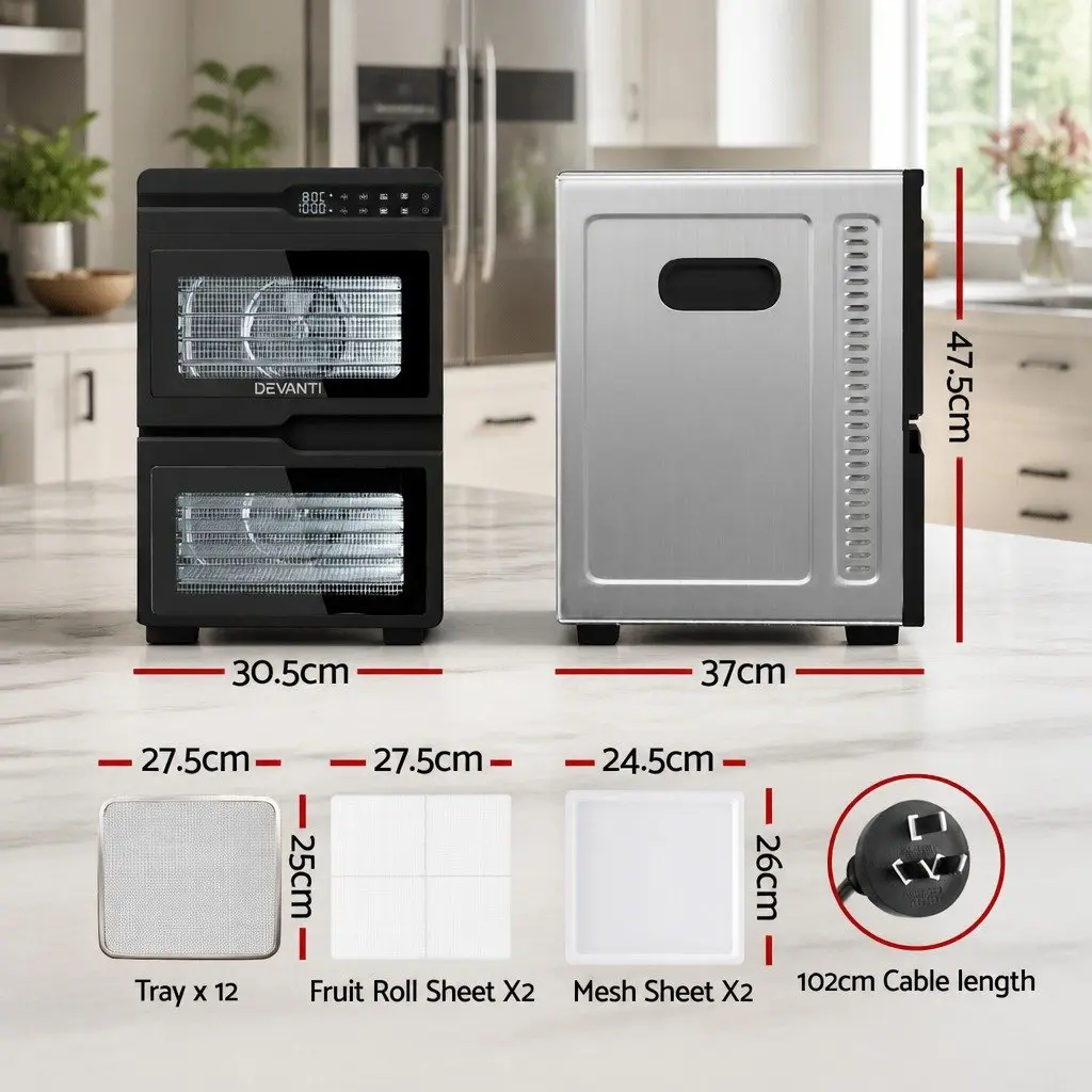 Food Dehydrator Dual-Zone 12 Trays Stainless Steel Adjustable Temperature Silver